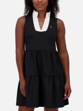 Nautica Black Sleeveless Tiered Dress with White Collar